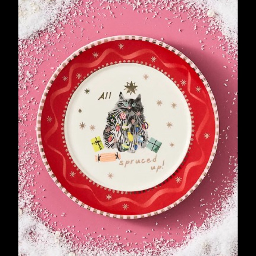 Anthropologie Red and White Cat Plate